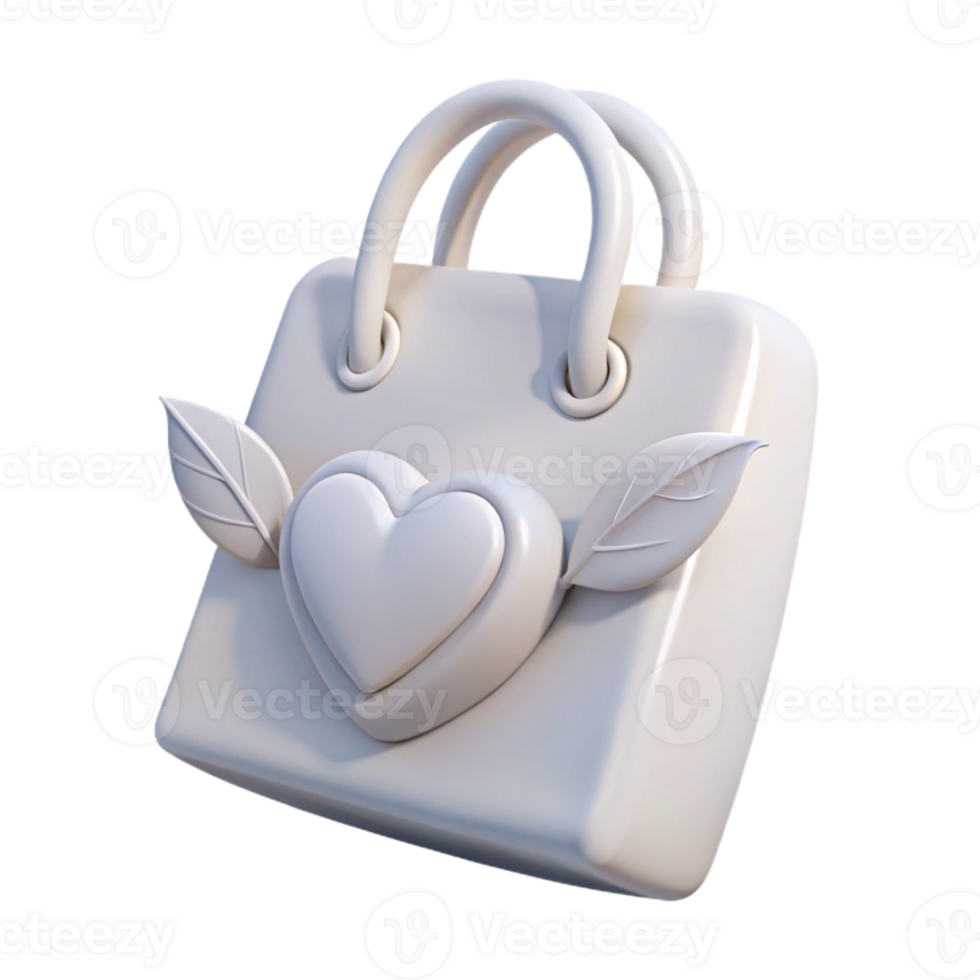 3D Render of a White Shopping Bag with a Heart and Leaves png