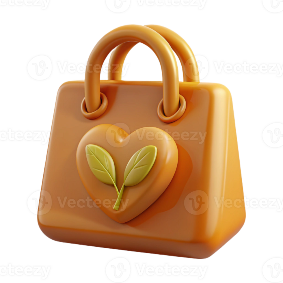 3D Render of Orange Shopping Bag with Green Heart and Leaves png