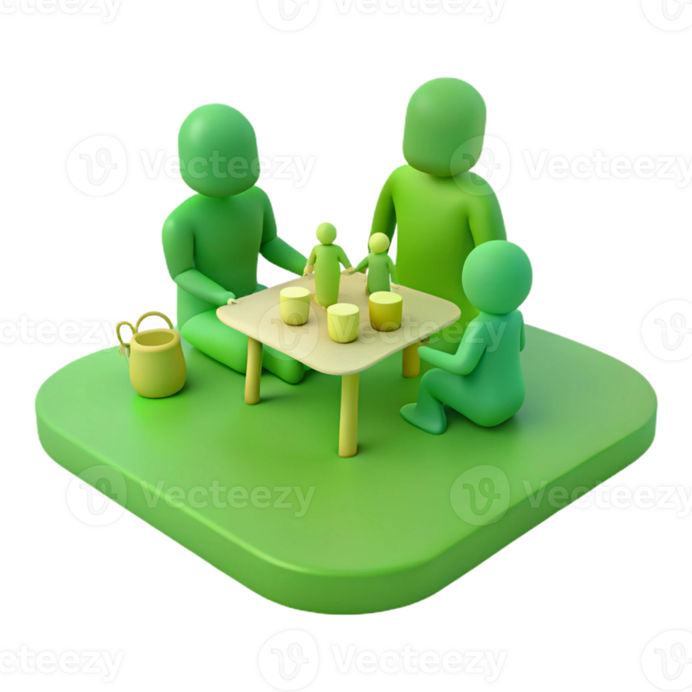 Family Gathering Around a Table with Green Figures png