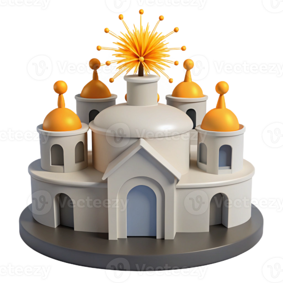 3D Render of a White Building with Yellow Domes and a Starburst on Top png