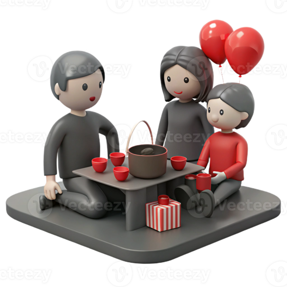 3D Cartoon Family Enjoying Tea Time with Balloons png
