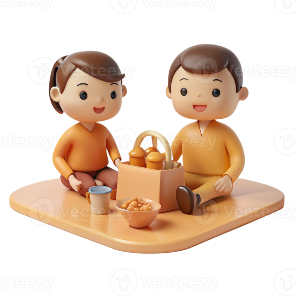 Cute Cartoon Characters Enjoying a Picnic with Snacks and Drinks png