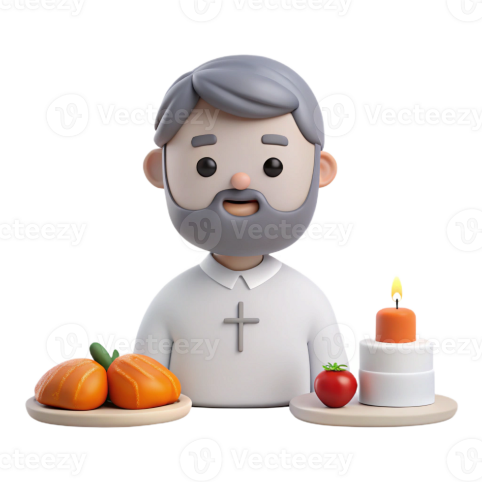 3D Character Illustration Man with Cross, Candle, Fruits, and Vegetables png