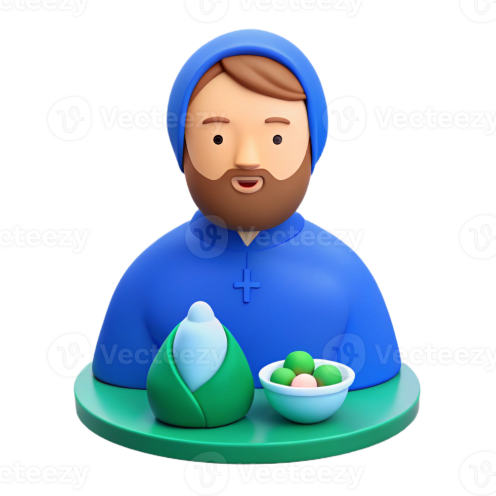 3D Render of a Man with a Beard Wearing a Blue Robe and Holding a Dish of Green and Pink Balls png