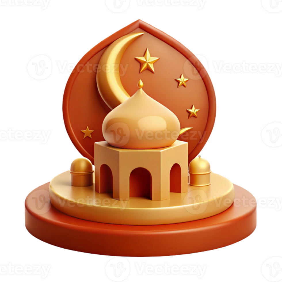 3D Render of a Mosque with Crescent Moon and Stars png