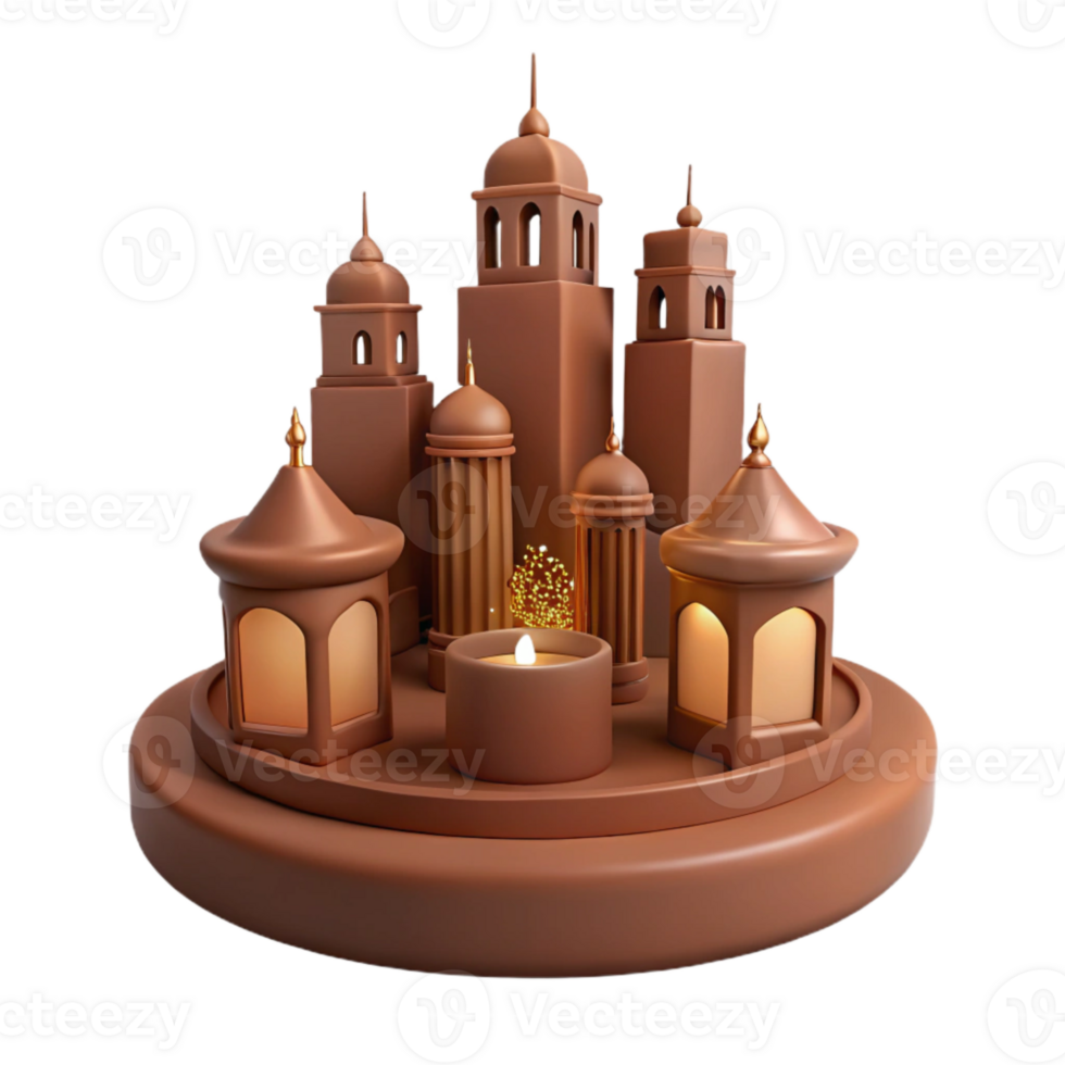 3D Render of Illuminated Minarets and Lanterns png