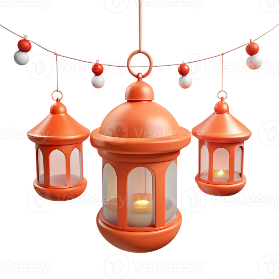 Three Orange Lanterns with String Lights png