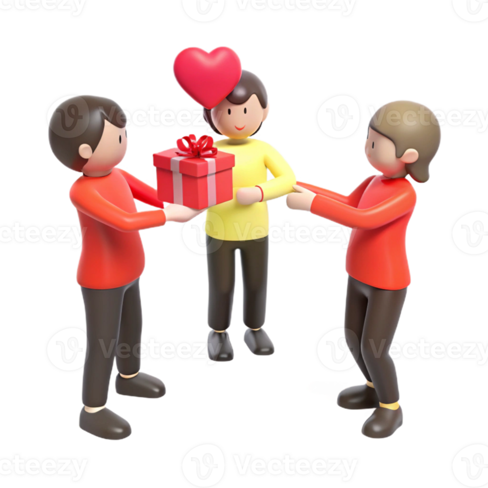Three Cartoon Characters with a Gift and a Heart png