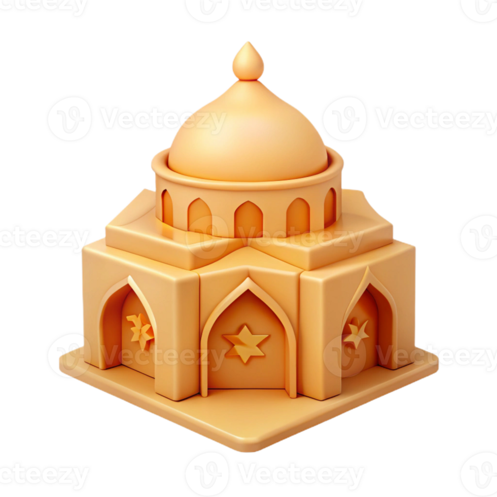 3D Render of a Golden Dome Building with Arched Entrances and Stars png