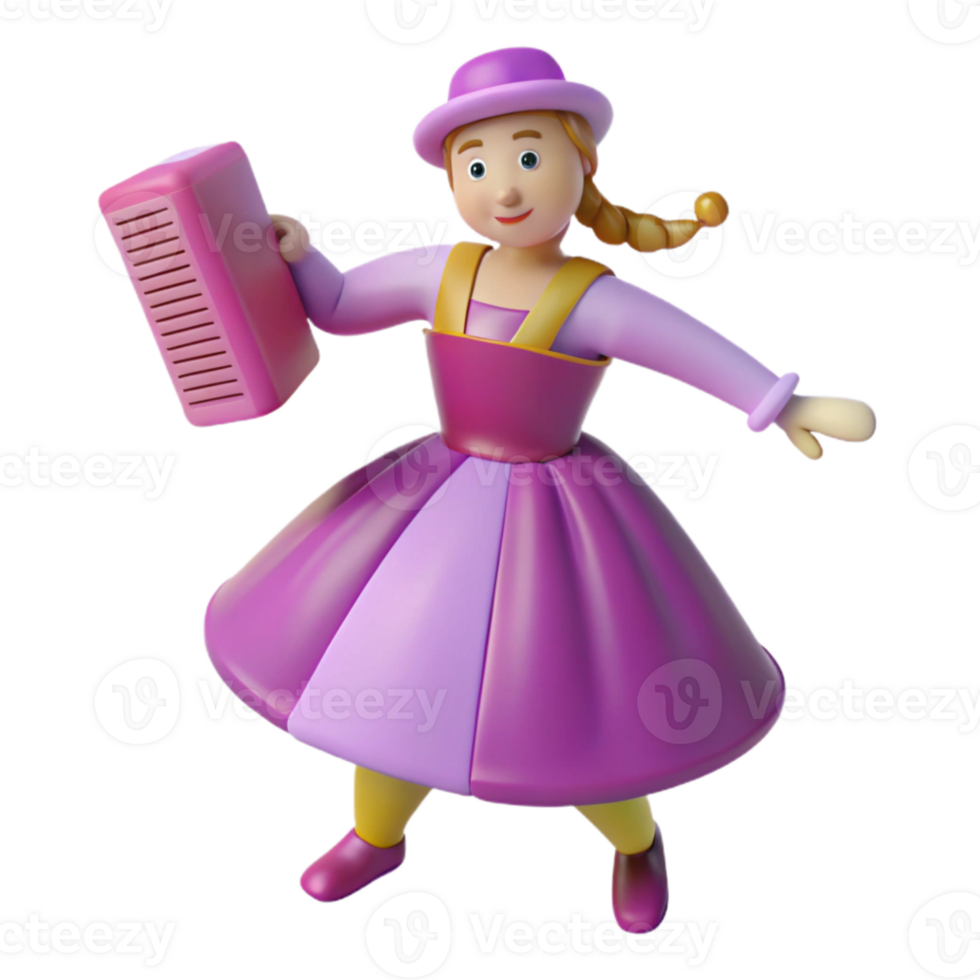 3D Cartoon Character of a Girl in a Pink Dress and Hat Holding a Pink Accordion png