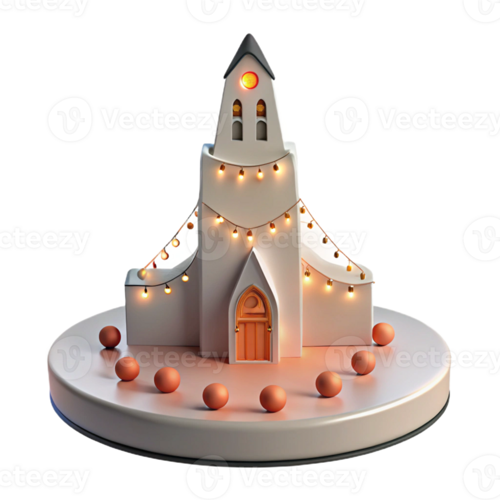 3D Render of a Church with String Lights and Eggs Around It png