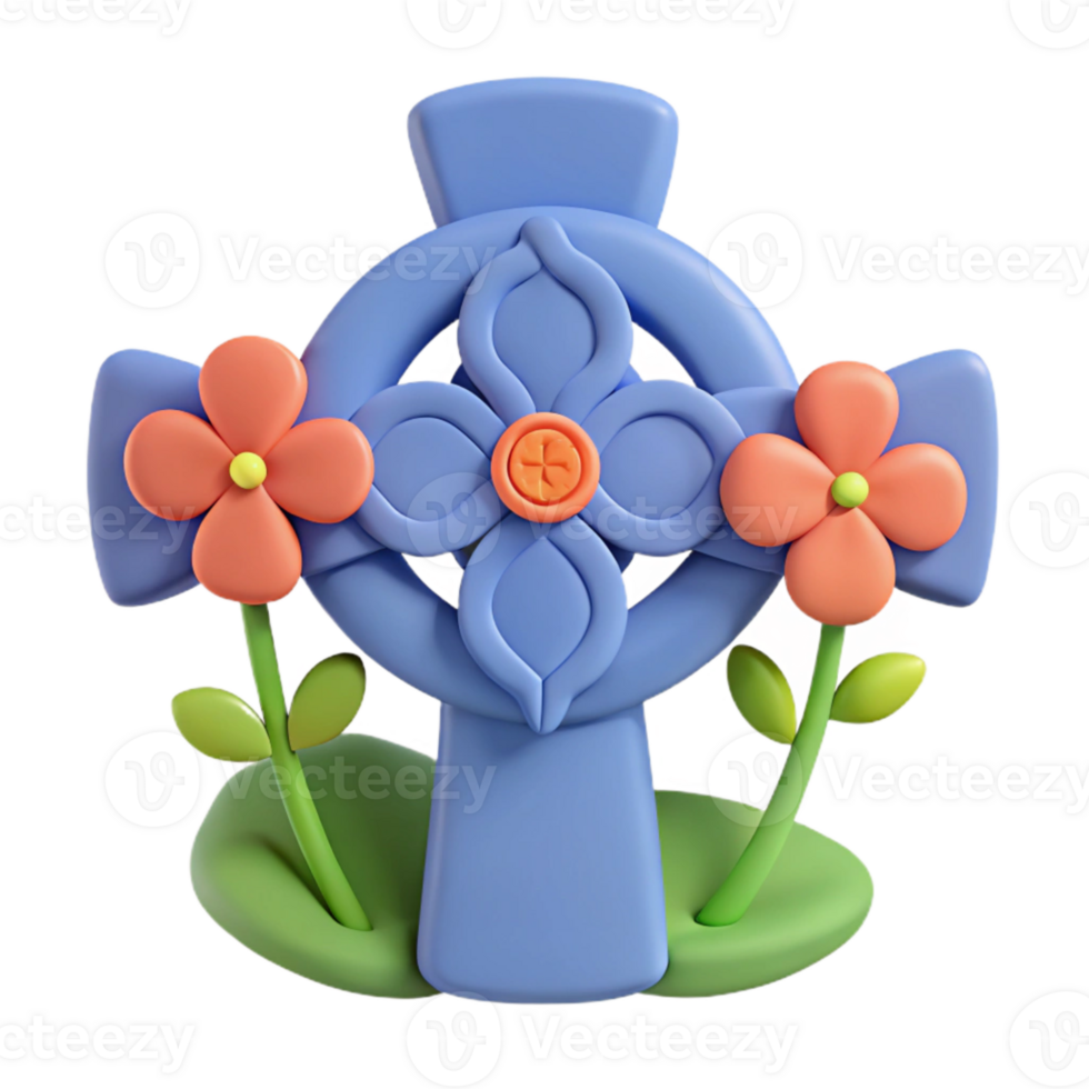 3D Rendered Celtic Cross with Flowers png