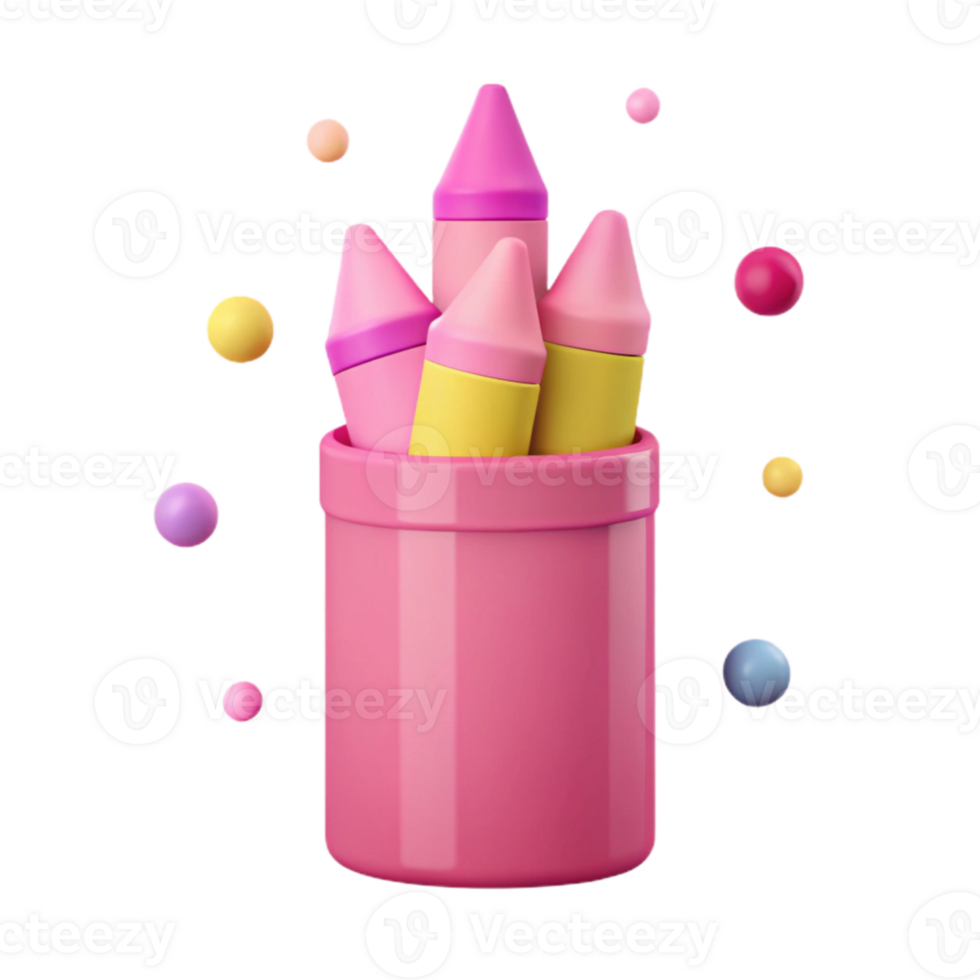 Colorful Crayons in a Pink Holder with Scattered Balls png