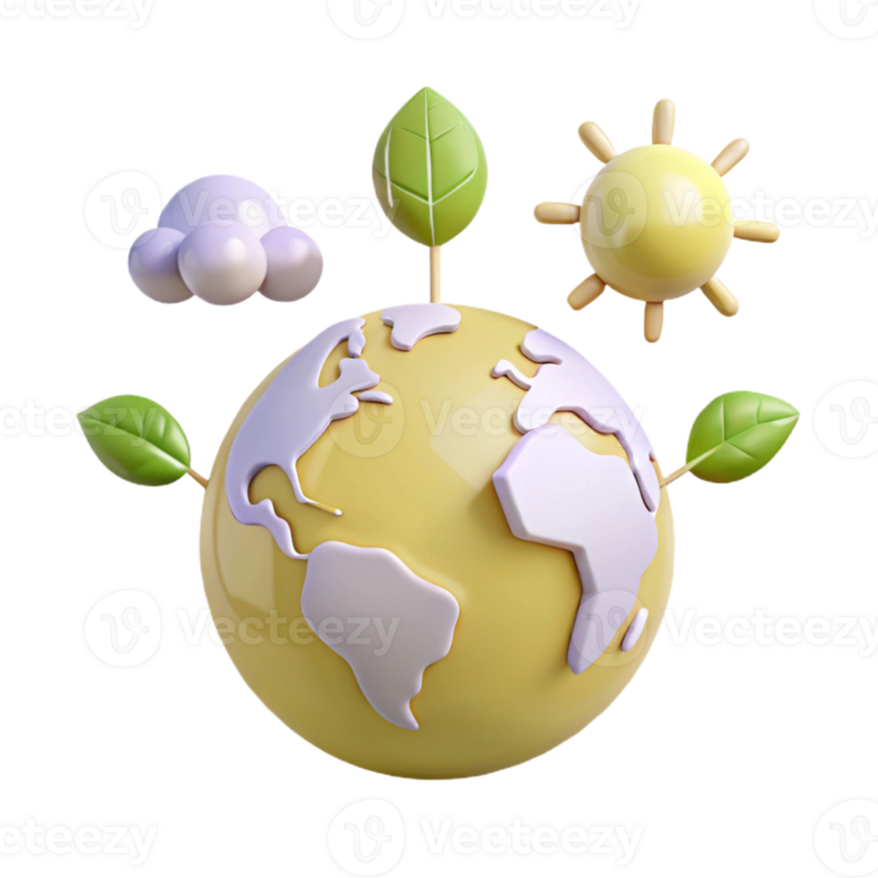 3D Globe with Sun, Cloud, and Leaves png