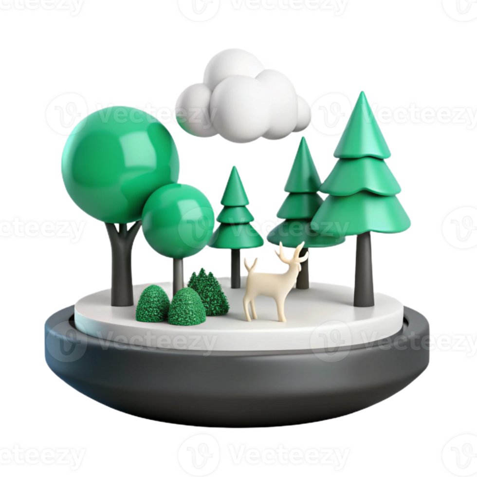 3D Rendered Miniature Forest Scene with Deer and Cloud png