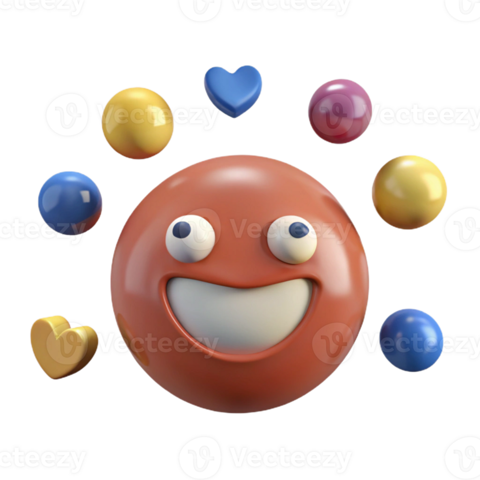 Smiling 3D Emoji with Surrounding Hearts and Spheres png