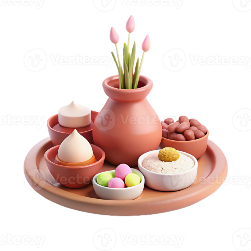 Clay Pot with Flowers and Assorted Sweets on Tray png