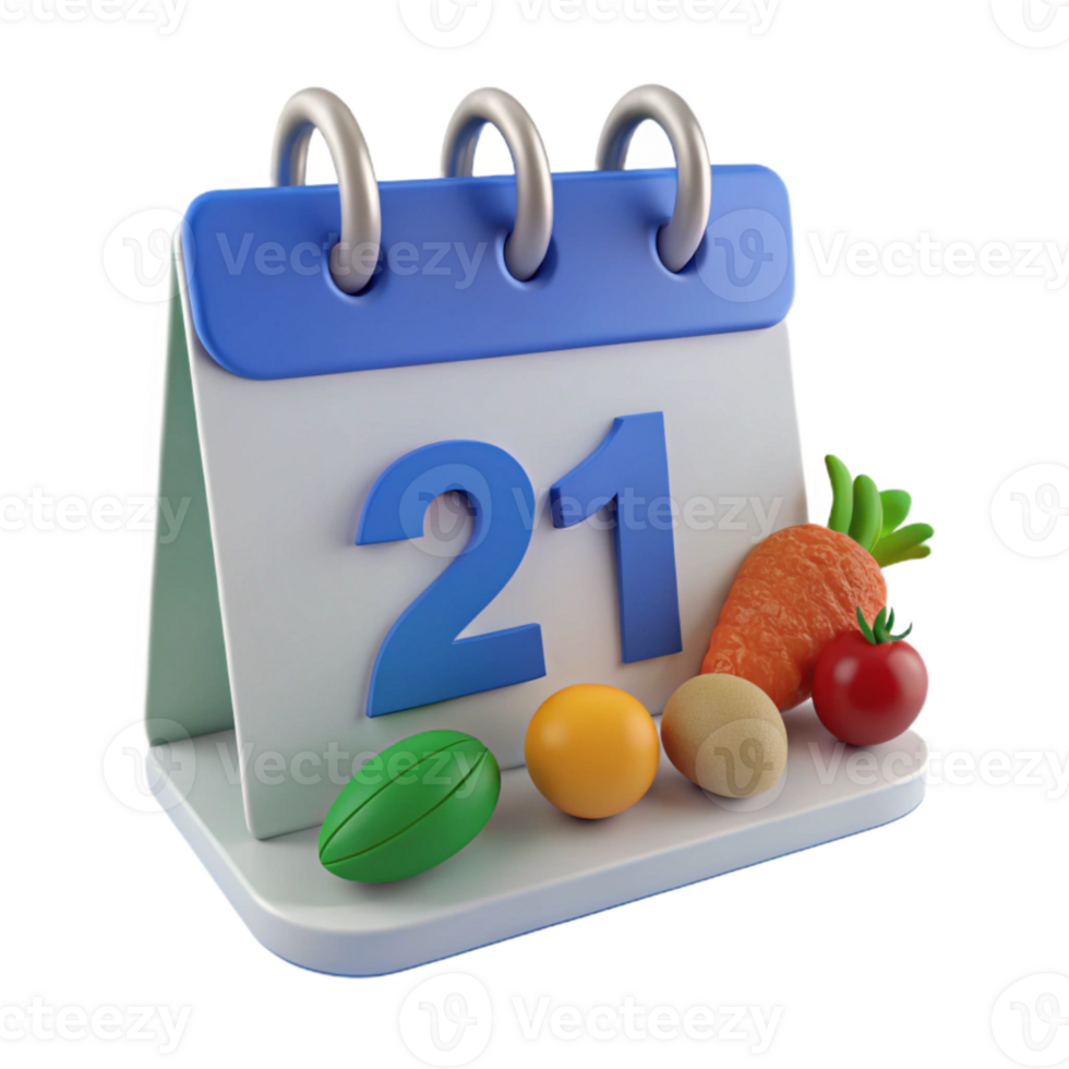 Calendar with Date 21 and Fruit and Vegetable Decorations png