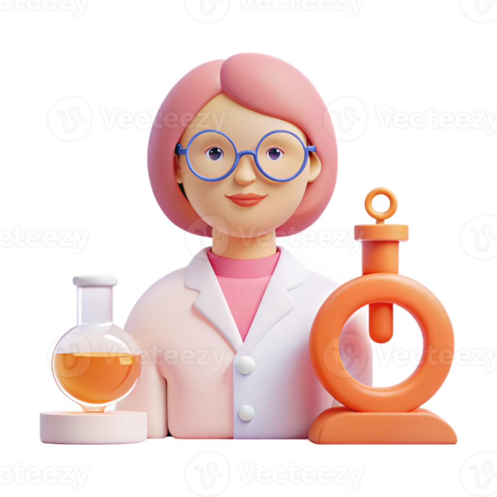 Female Scientist with Beaker and Microscope png