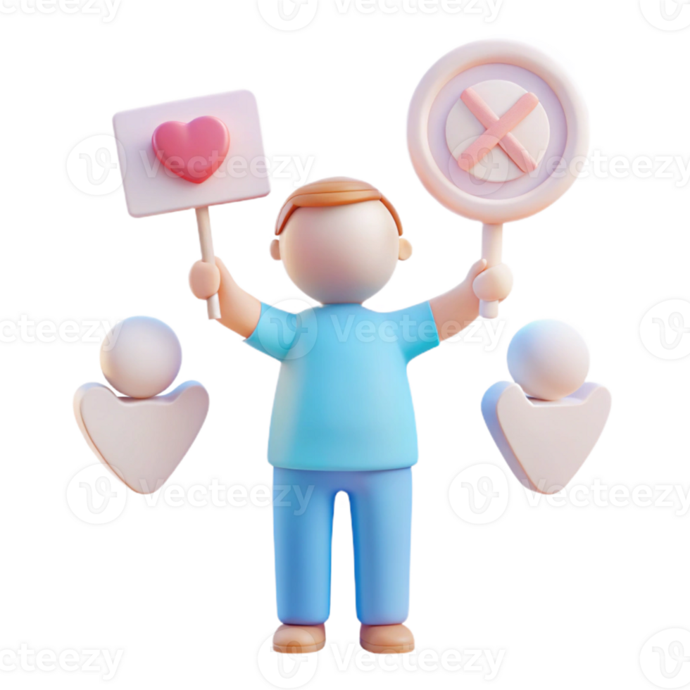 3D Cartoon Character Holding Signs of Love and Rejection png