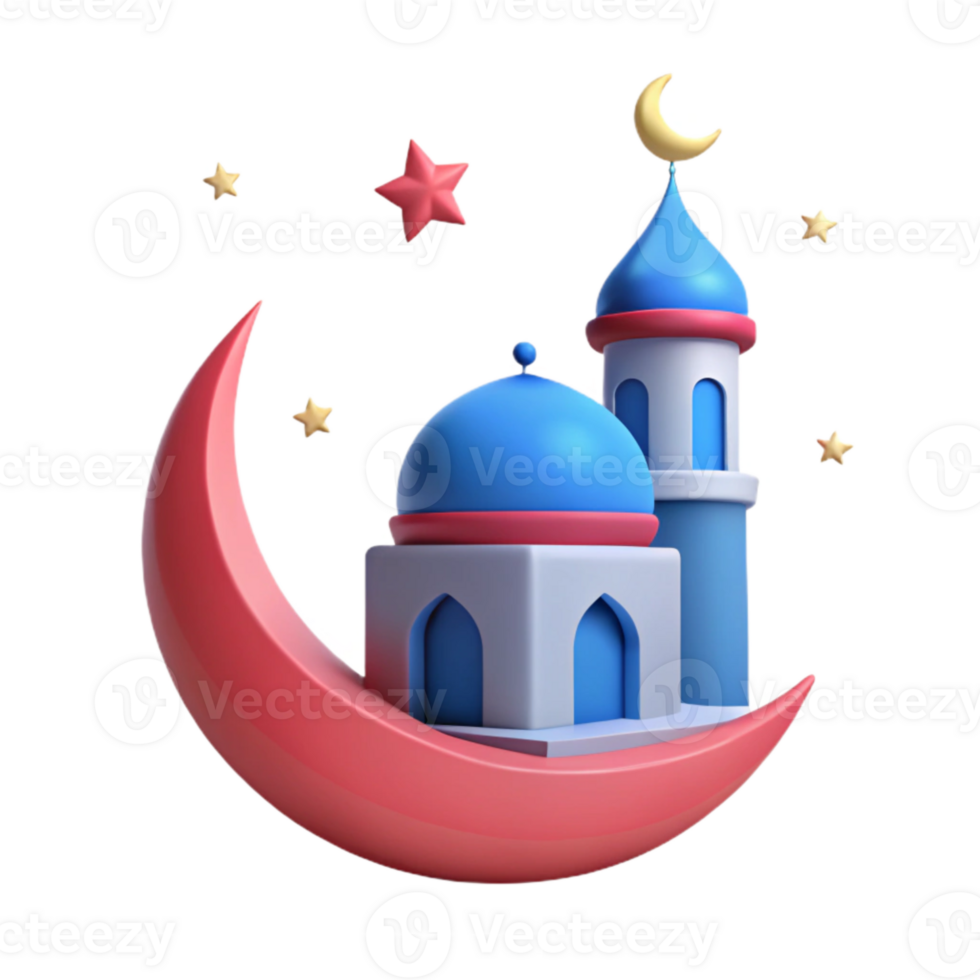 3D Illustration of a Mosque on a Crescent Moon with Stars png