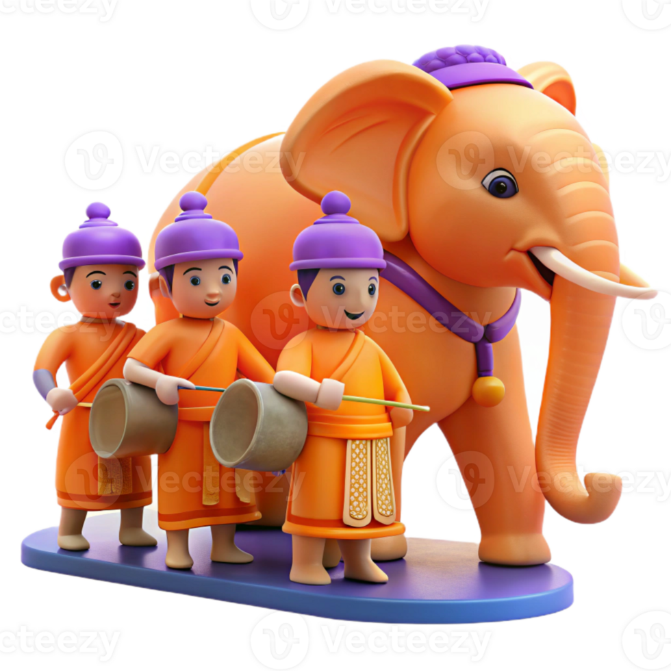 Orange Elephant and Three Monks with Drums png