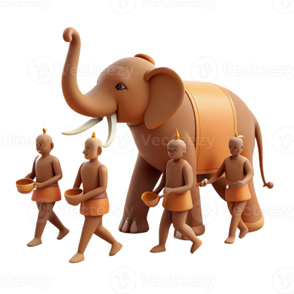 3D Rendering of Monks and Elephant with Bowls png