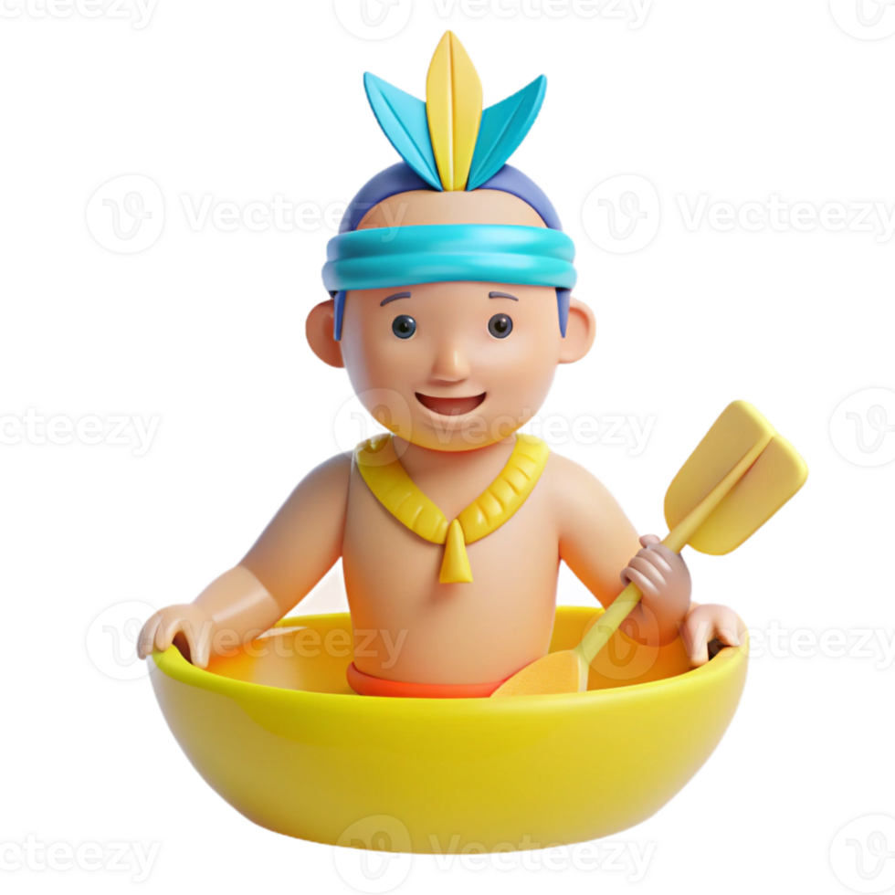 Smiling Cartoon Character in a Canoe with a Paddle png