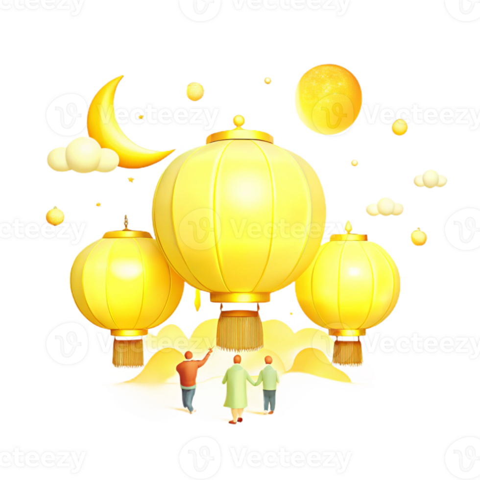 Golden Lanterns and Moon in a Night Sky png