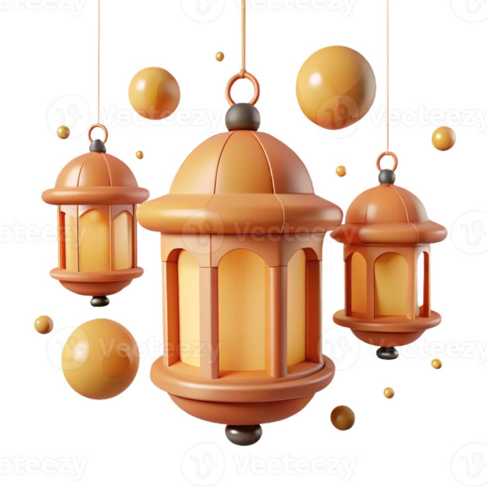 3D Rendered Ramadan Lanterns with Glowing Lights png