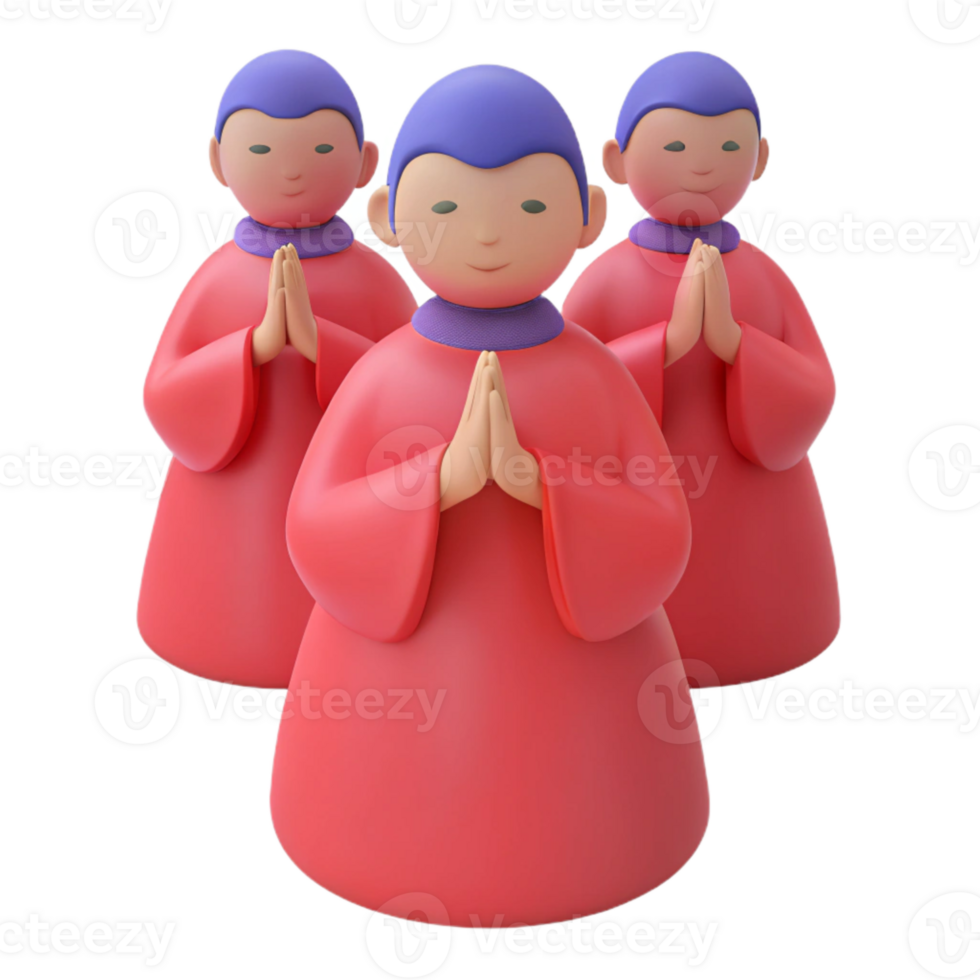 Three 3D Characters Praying with Hands Together png