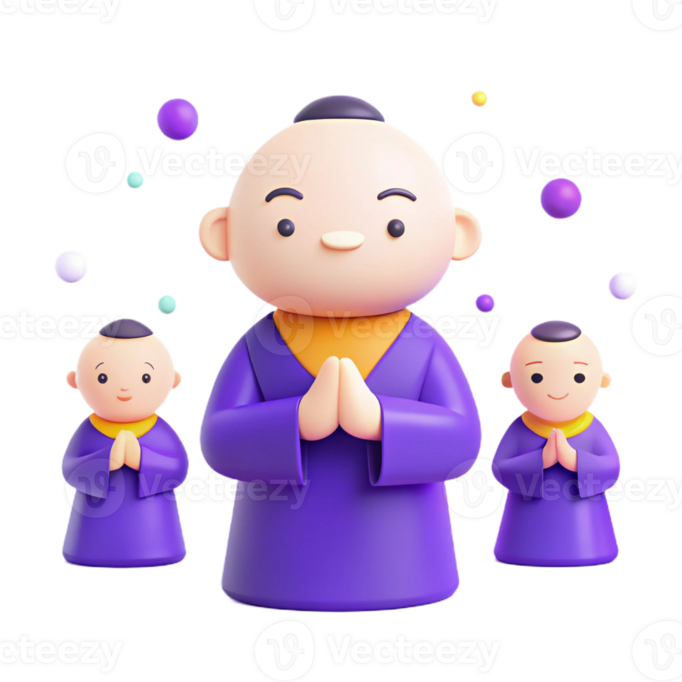 Three Cute Cartoon Characters With Purple Robes Praying png