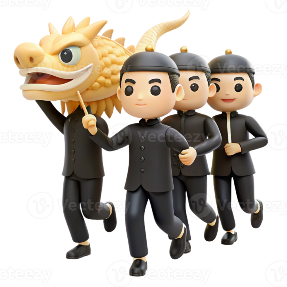 Three Cartoon Characters Running With a Dragon Puppet png