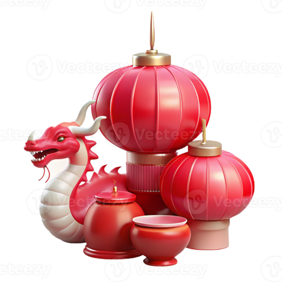 Red Dragon with Lanterns and Pots png