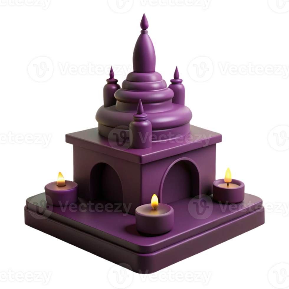 Purple 3D Render of a Miniature Temple with Three Lit Candles png