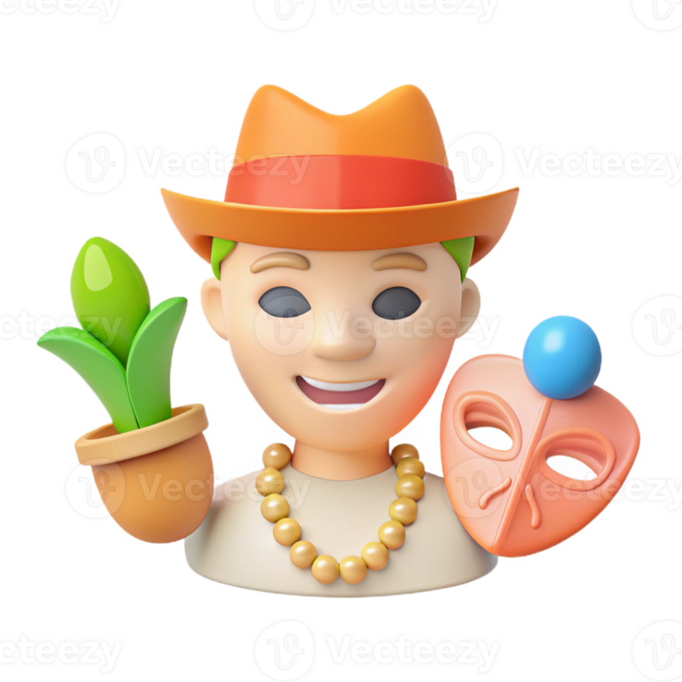 3D Character Illustration Happy Man with a Plant, Mask, and Necklace png