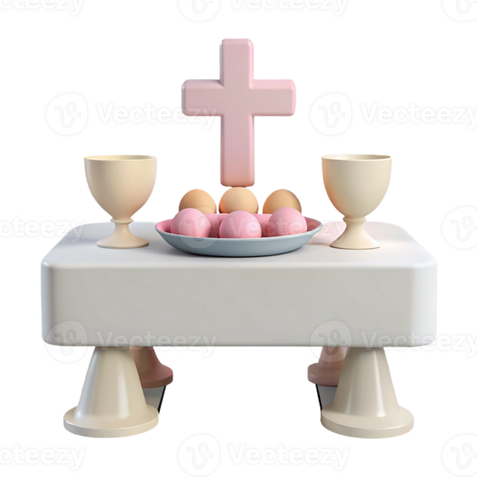 3D Render of a Table with a Cross, Eggs, and Chalices png