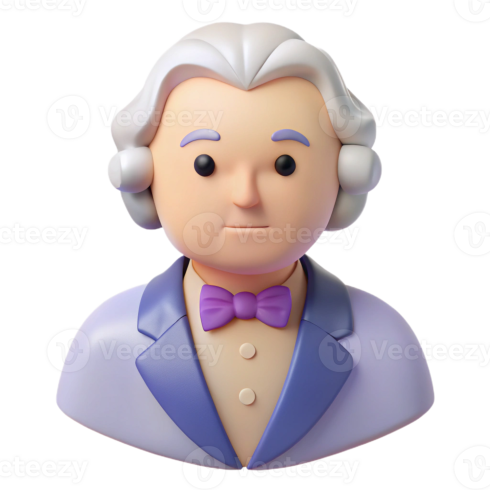3D Rendered Cartoon Character with White Hair, Purple Bow Tie, and Blue Suit png