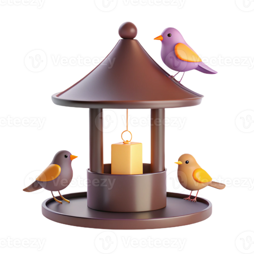 3D Render of Birds on a Bird Feeder with a Hanging Candle png