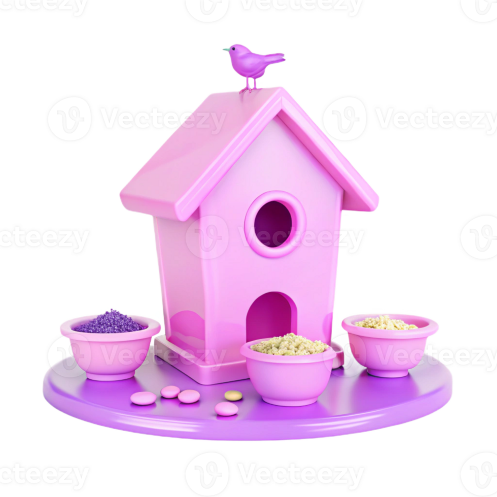 Pink Birdhouse with Bird and Food Bowls png