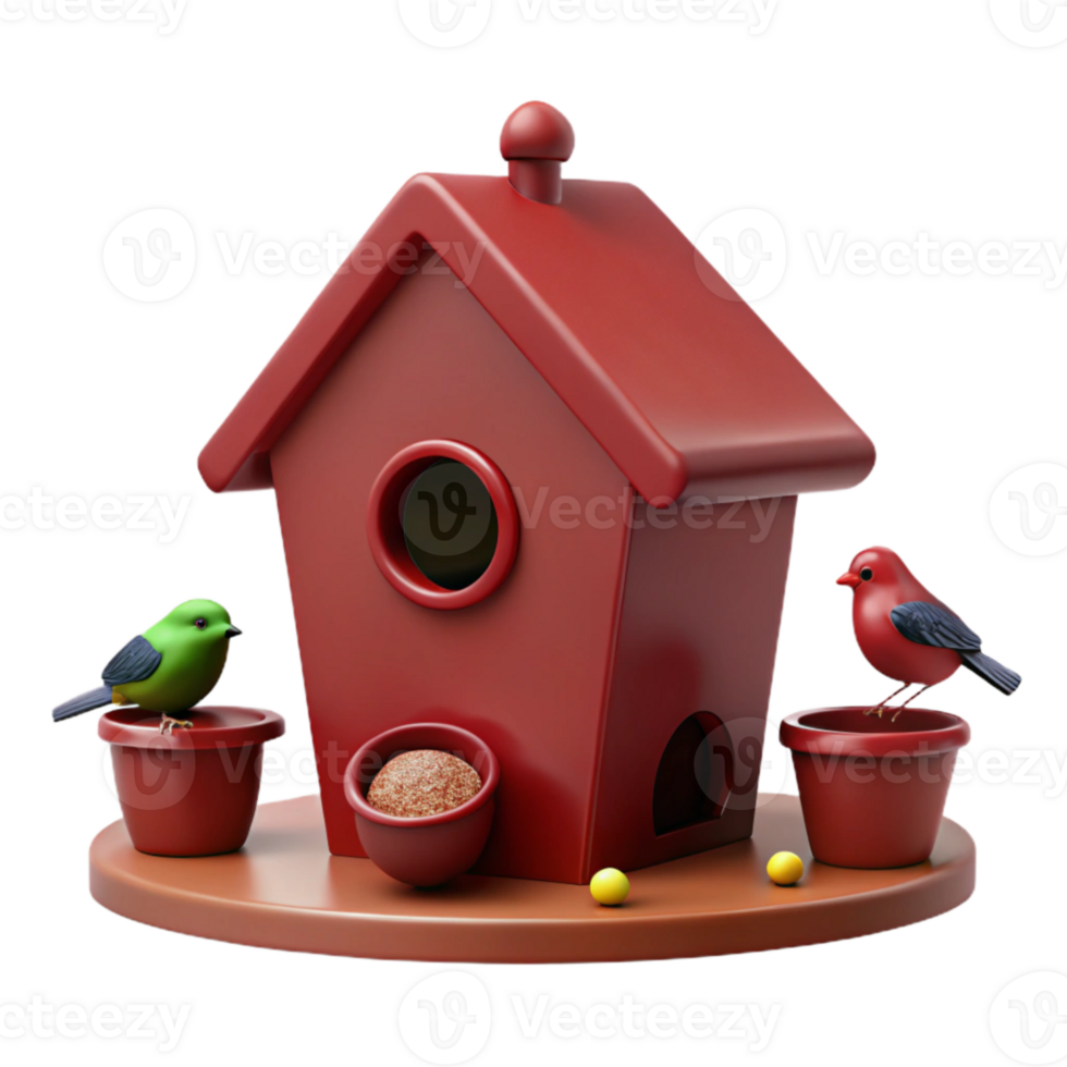 Red Birdhouse with Two Birds and Seeds png
