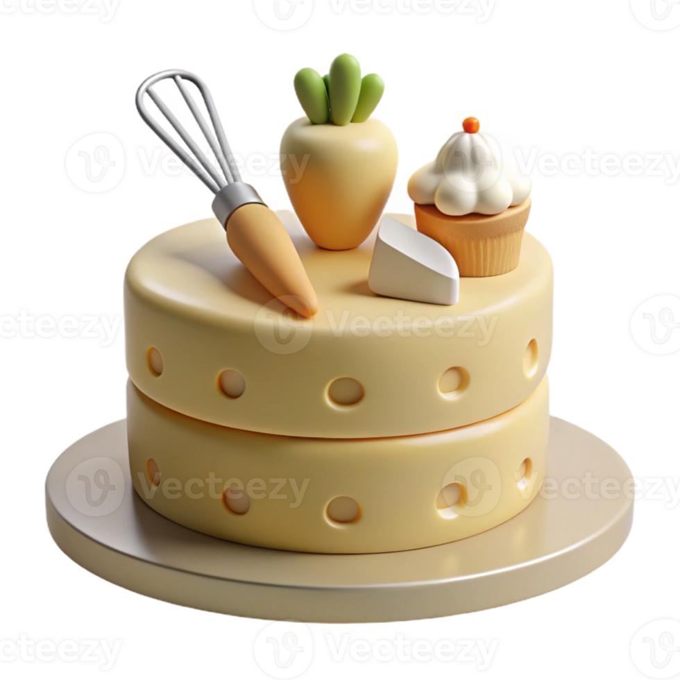Whimsical 3D Render of a Cheese Cake with Cupcake, Carrot, and Whisk png