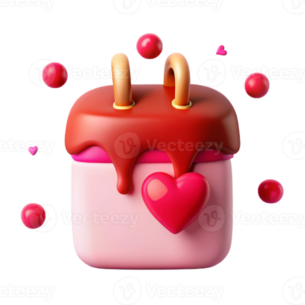 3D Render of a Red and Pink Heart-Shaped Gift Box with Chocolate Drizzle and Hearts Surrounding It png