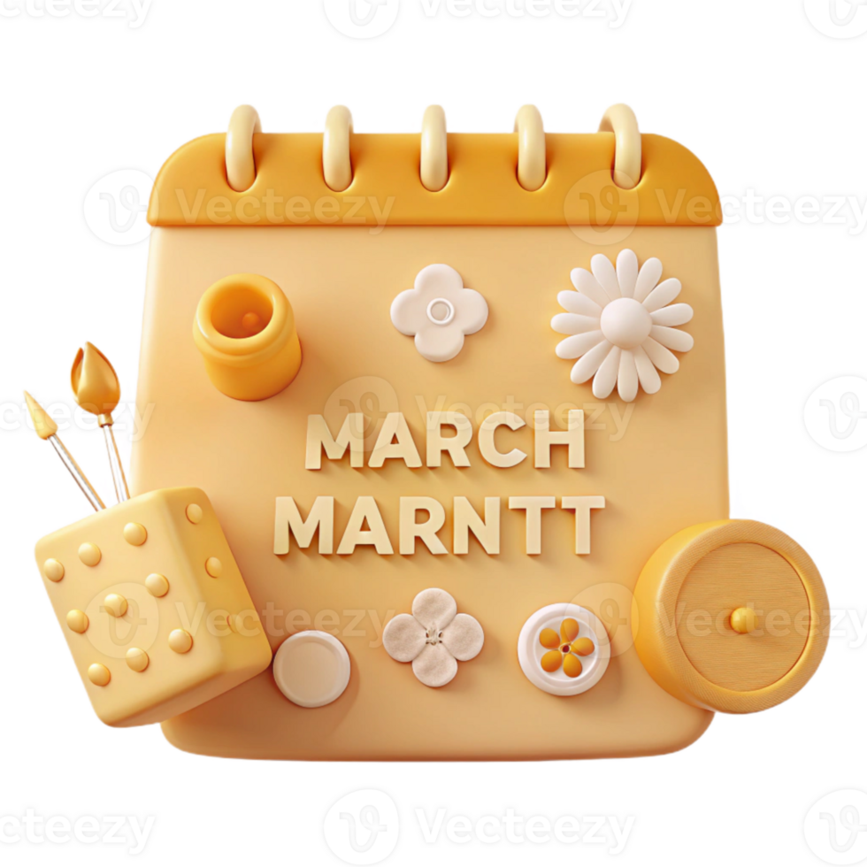 3D Calendar Illustration with Spring Flowers png