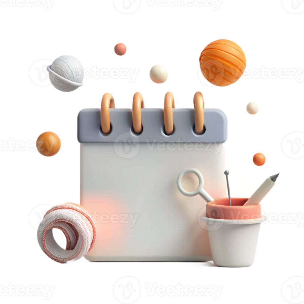 Calendar with 3D Pencil and Magnifying Glass png