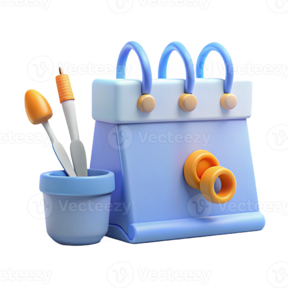 3D Rendered Blue Calendar with Paintbrushes and Pot png
