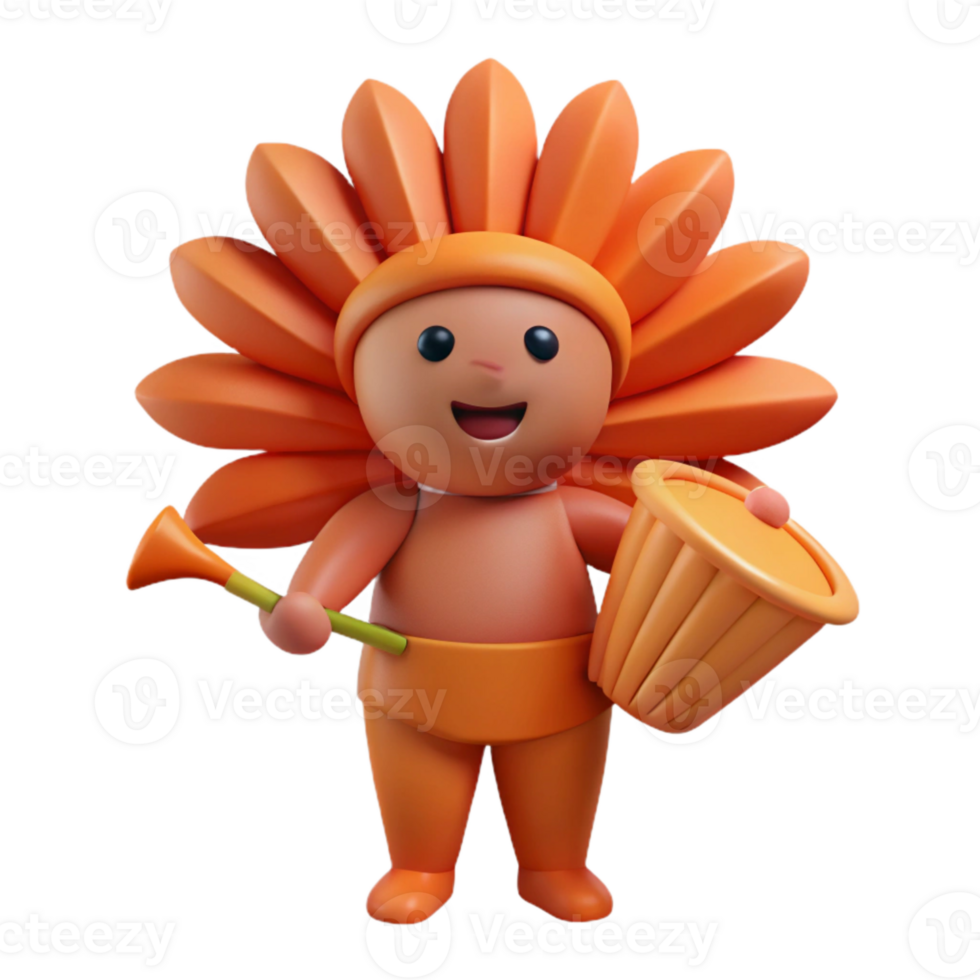 Cheerful 3D Character with Flower Headband and Instrument png