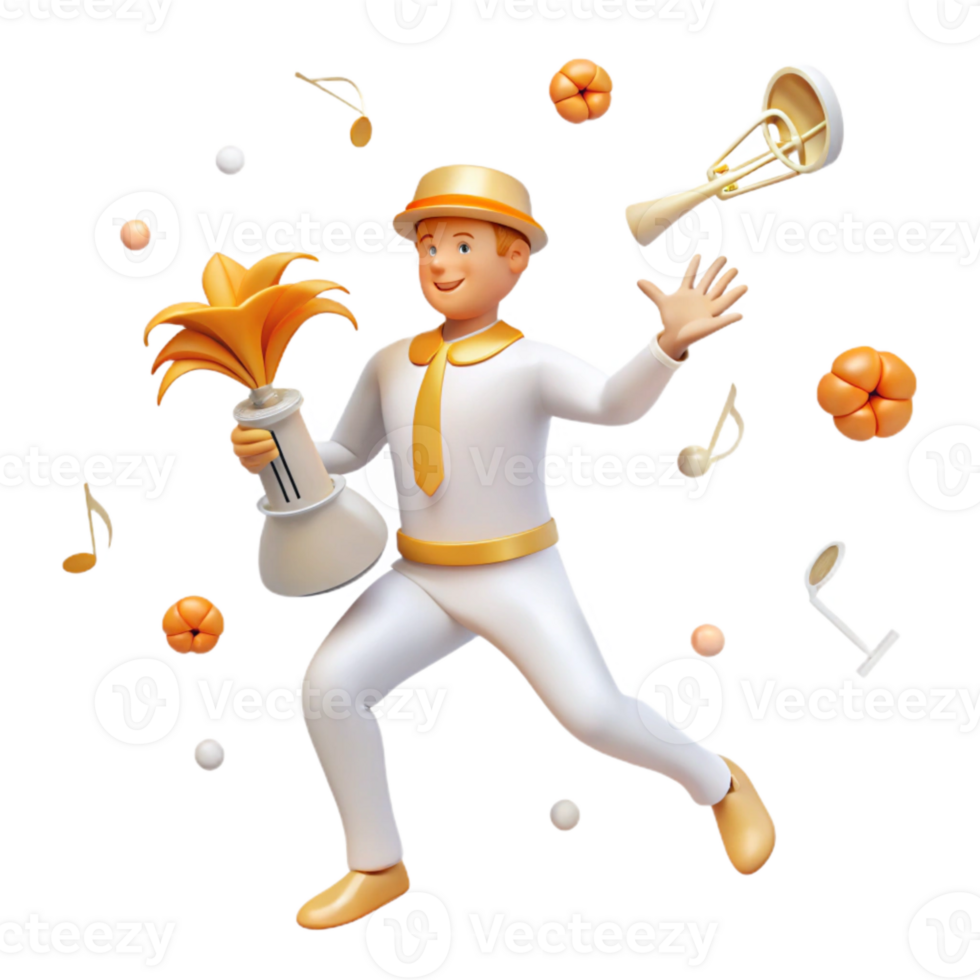 3D Cartoon Character Juggling with Musical Instruments and Objects png