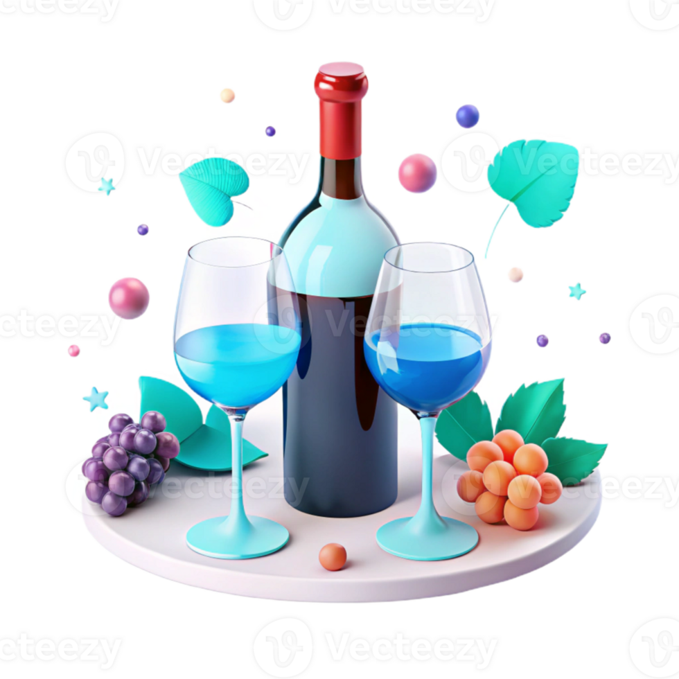 Wine Bottle and Two Glasses with Grapes and Leaves png
