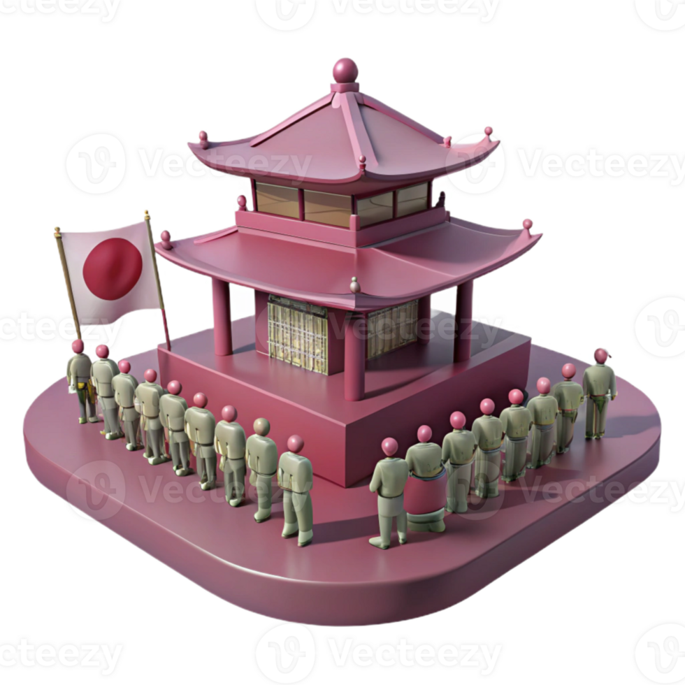 3D Render of a Pagoda with People Waiting in Line png